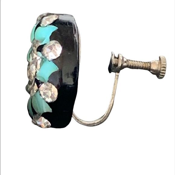 Vintage black turquoise crystal mid century earrings screw back - Picture 4 of 7